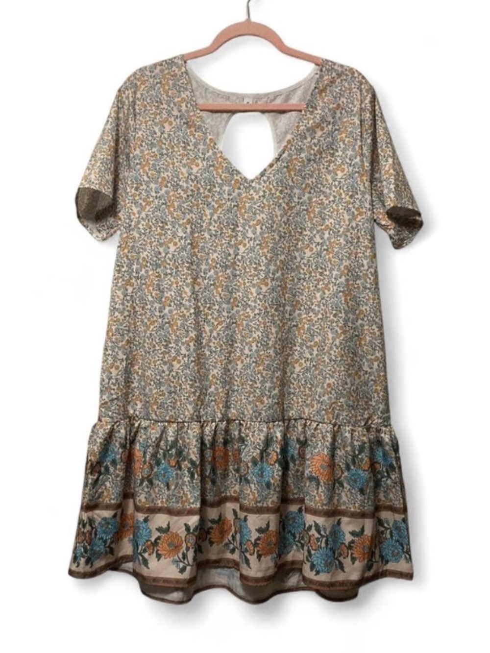 Floral Boho V-Neck Ruffle Hem Dress in Blue & Mustard